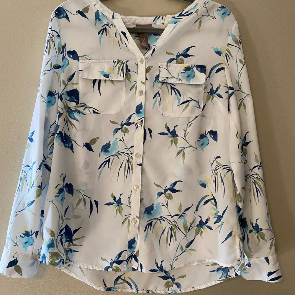 Chico's White Button-Front Blouse with Blue & Green Floral Print Size 0